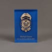 Front view of 6" Lucite® Badge Embedment with police service badge cast inside clear acrylic.