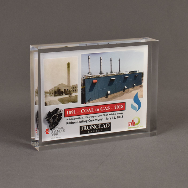The angle view of the Ironclad Deal Toy features expertly printed full color graphics gracefully placed inside crystal clear Lucite® with a coal sample.