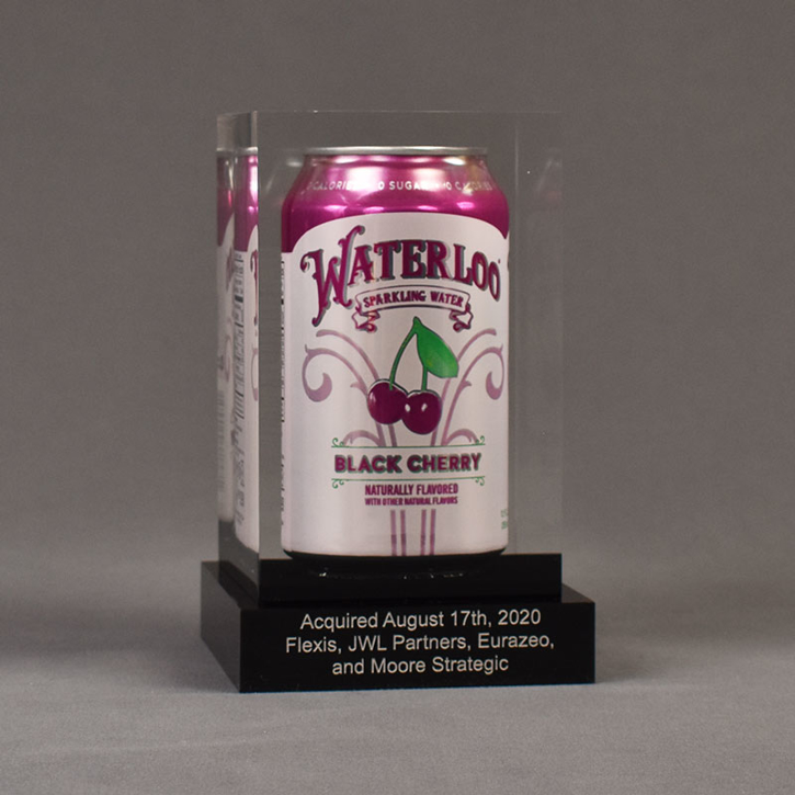 Angle view of the Waterloo Acquisition Deal Toy featuring an embedded aluminum Waterloo Sparkling Water can.