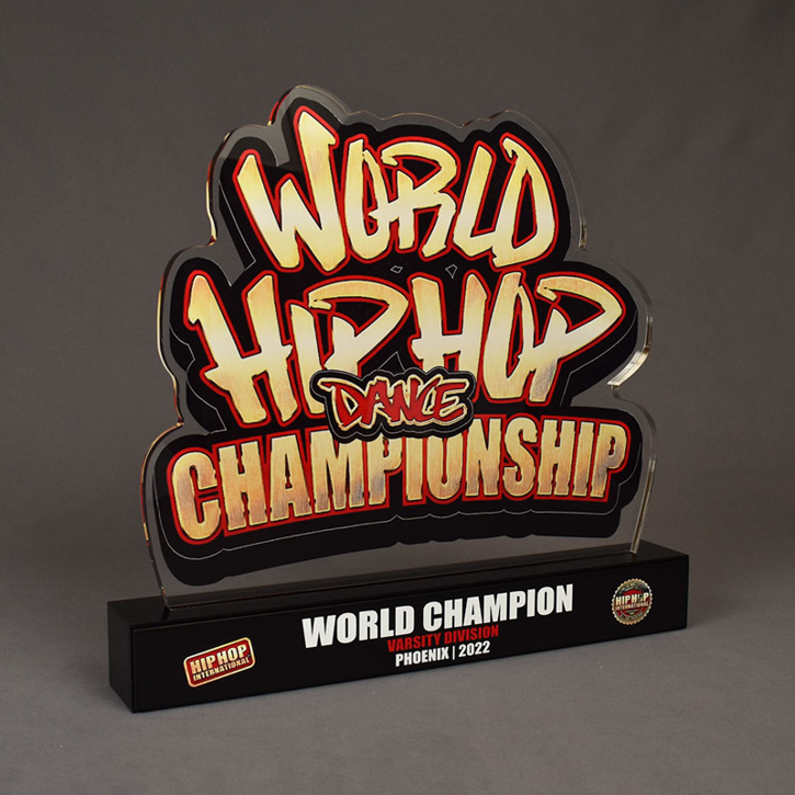 Angle view of the 2020 World Hip Hop Championships acrylic award featuring a custom LaserCut™ trophy with full color UV printing.