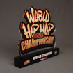 Side view of the 2020 World Hip Hop Championships acrylic award featuring a custom LaserCut™ trophy with full color UV printing.