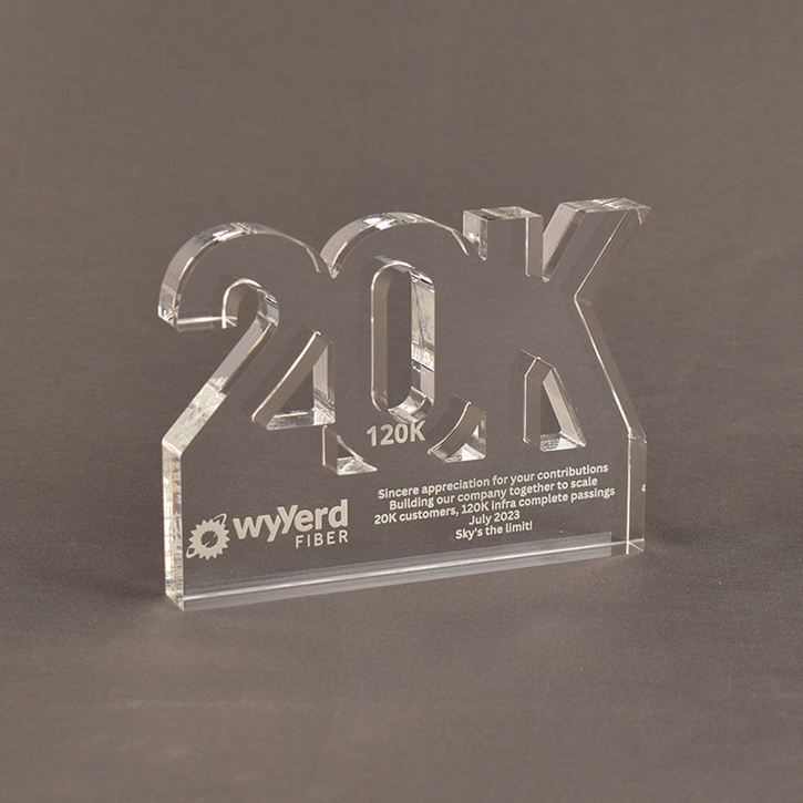 Angle view of the Wyyerd Financial Appreciation Awards featuring laser cutting and engraving.